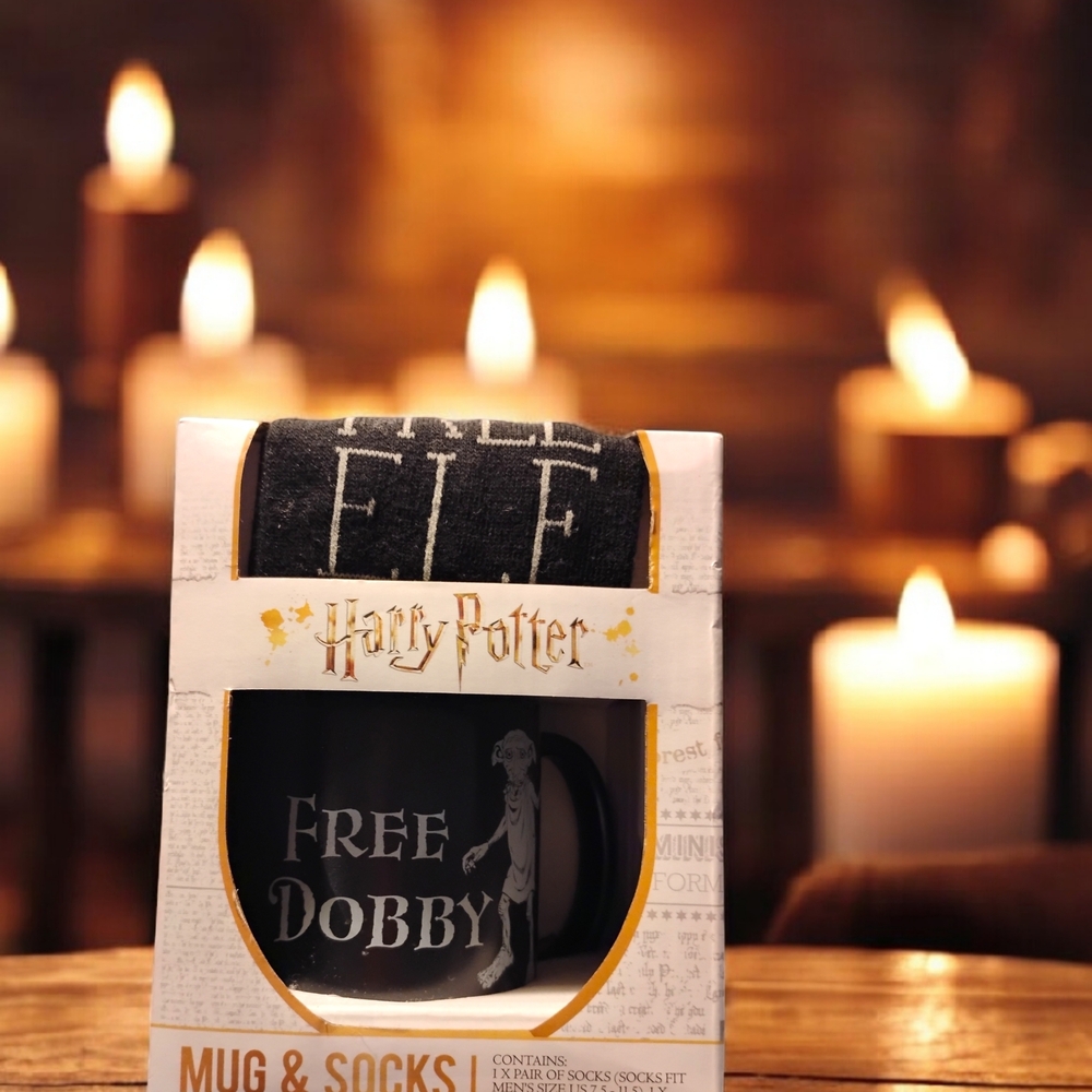 Harry Potter Free Dobby Black Socks & Mug Set NWT